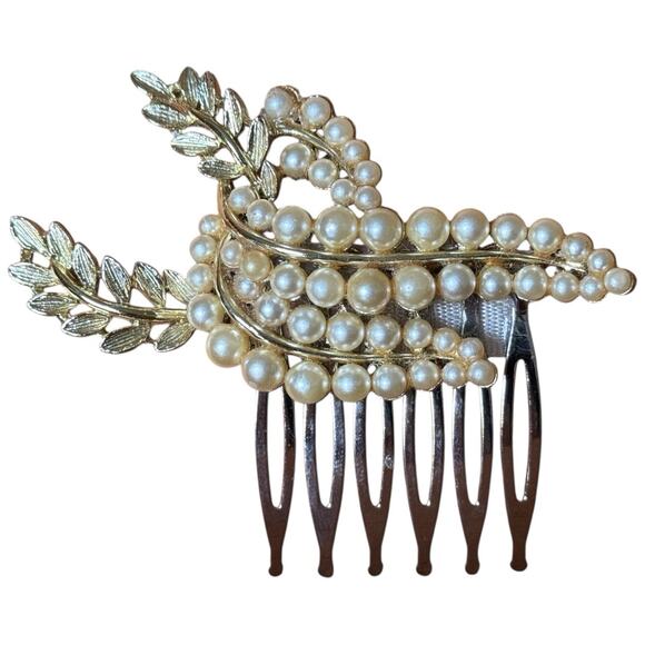 Bridal Hair Comb Ivory Pearl Leaf White Accessory Vintage Wedding Clip Holiday - Picture 2 of 4